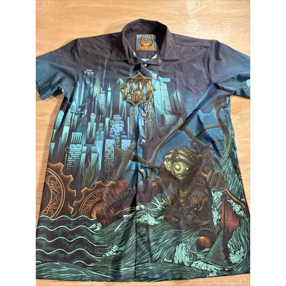 Retro Rifle Deep Blue Bioshock Snap Button S/S Shirt Men's Large EUC